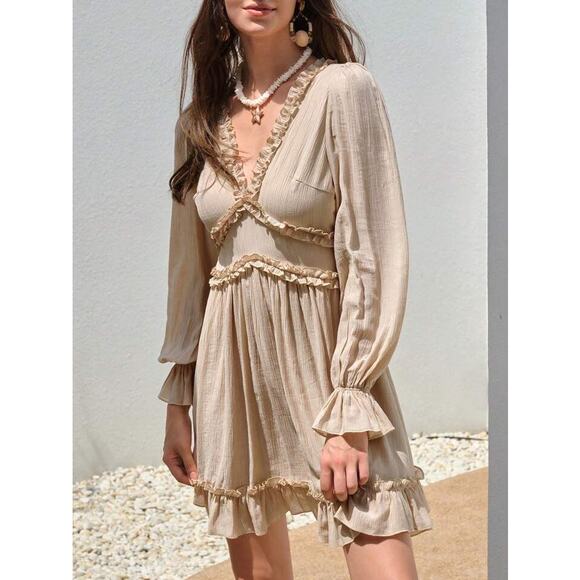 SHEIN Casual Vcay Frill Trim Flare Sleeve Ruffle Hem Dress Army Green Large Boho - Picture 15 of 15